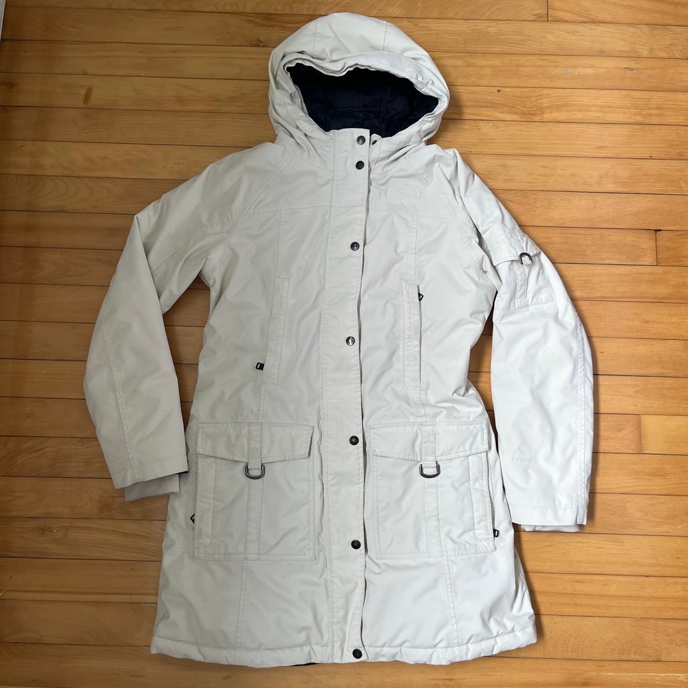 The North Face Womens HyVent Parka Jacket Off White Cream Hooded Long  Medium